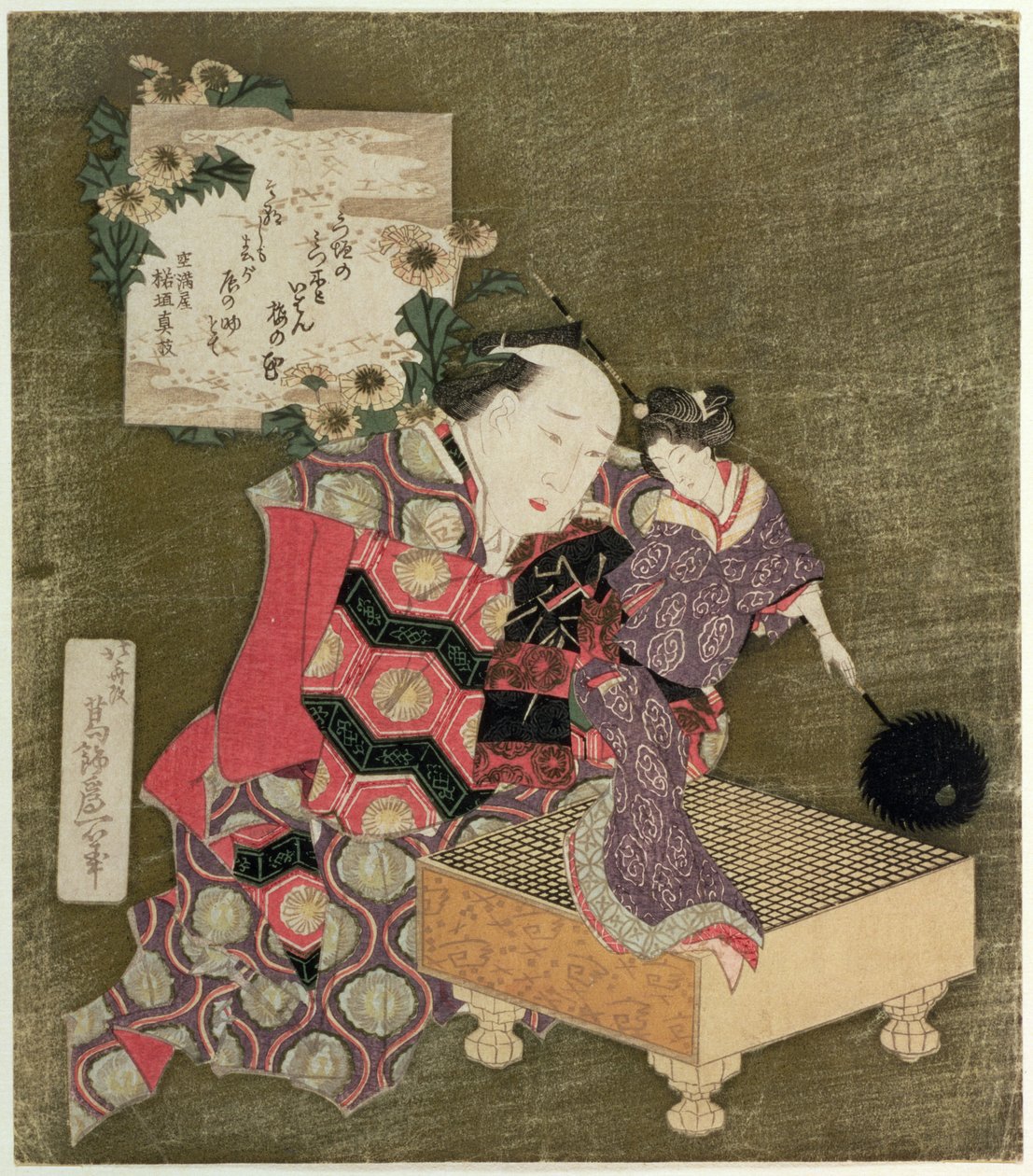 P.443-1937 Mies esiintymässä naisnuken kanssa Go Boardilla (puukiviprintti) tekijältä Katsushika Hokusai