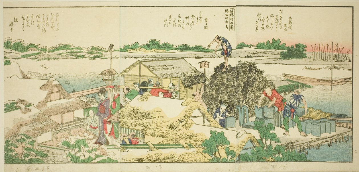 Sivut kuvitetusta kirjasta "Panoraamanäkymät Sumida-joen rannoilla (Ehon Sumidagawa ryogan ichiran)" tekijältä Katsushika Hokusai
