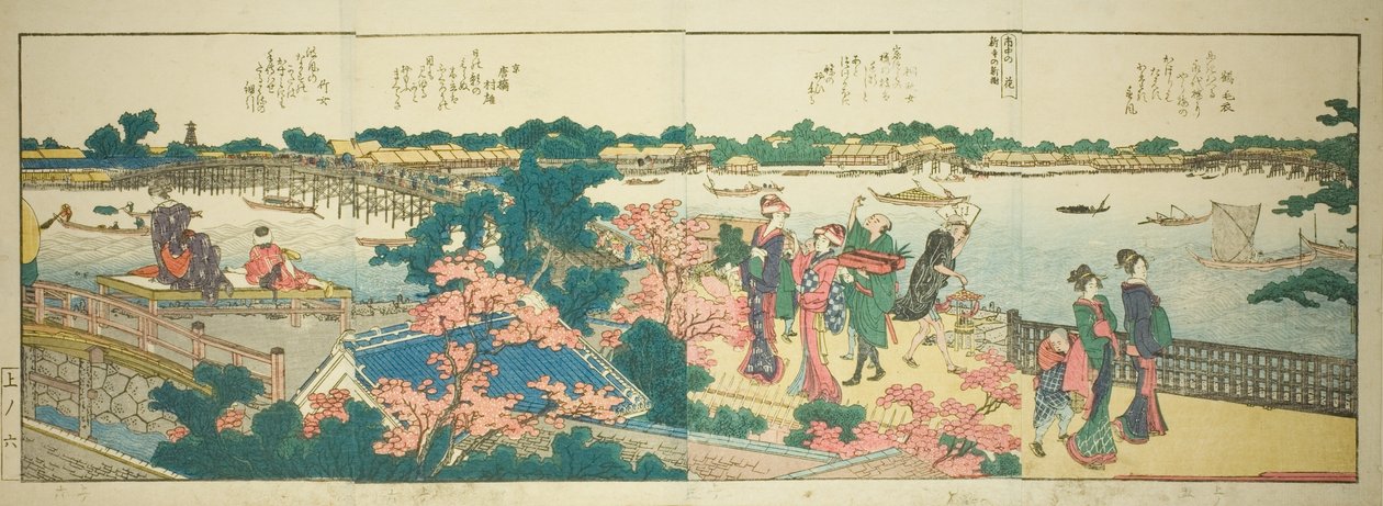 Sivuja kuvitetusta kirjasta "Panoramic näkymät Sumida-joen rannoille (Ehon Sumidagawa ryogan ichiran)" tekijältä Katsushika Hokusai