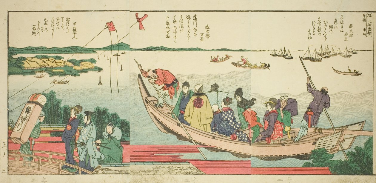 Sivuja kuvitetusta kirjasta "Panoramic näkymät Sumida-joen rannoille (Ehon Sumidagawa ryogan ichiran)" tekijältä Katsushika Hokusai