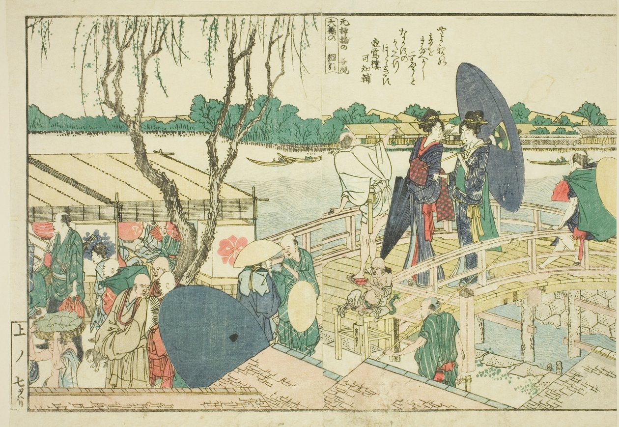 Sivut kuvitetusta kirjasta "Panoraamanäkymät Sumida-joen rannoilla (Ehon Sumidagawa ryogan ichiran)" tekijältä Katsushika Hokusai