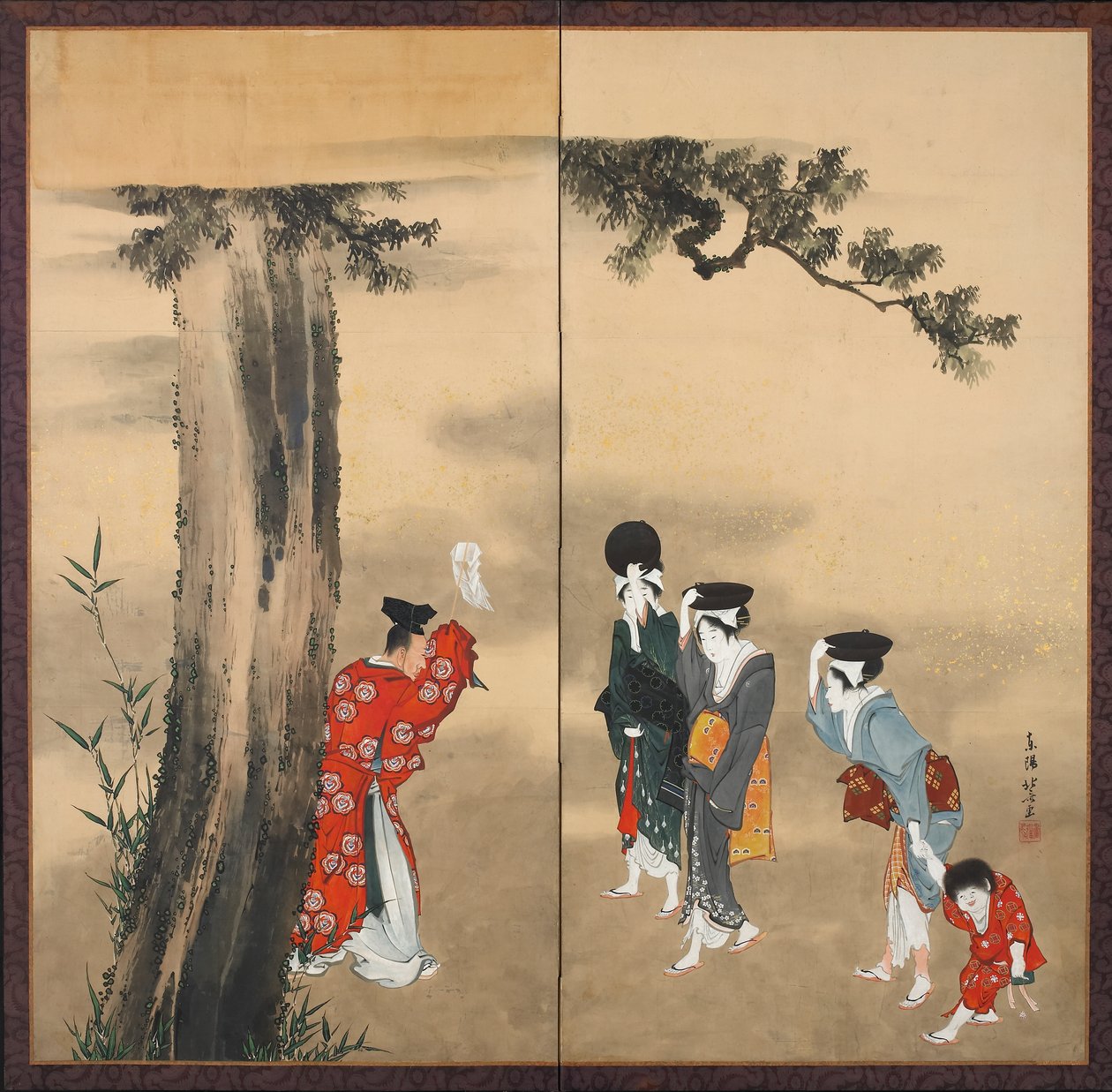 Paperinen kaksinkertainen näyttö: shintopappi, kolme naista ja lapsi männyn alla, Edo-kausi, n. 1799-1801 (muste, kulta ja väri paperille) tekijältä Katsushika Hokusai