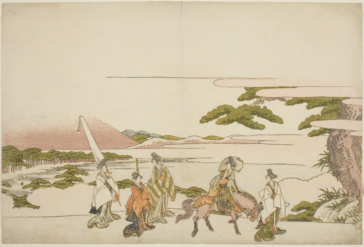 Ariwara no Narihiran itäisen matkan parodia tekijältä Katsushika Hokusai