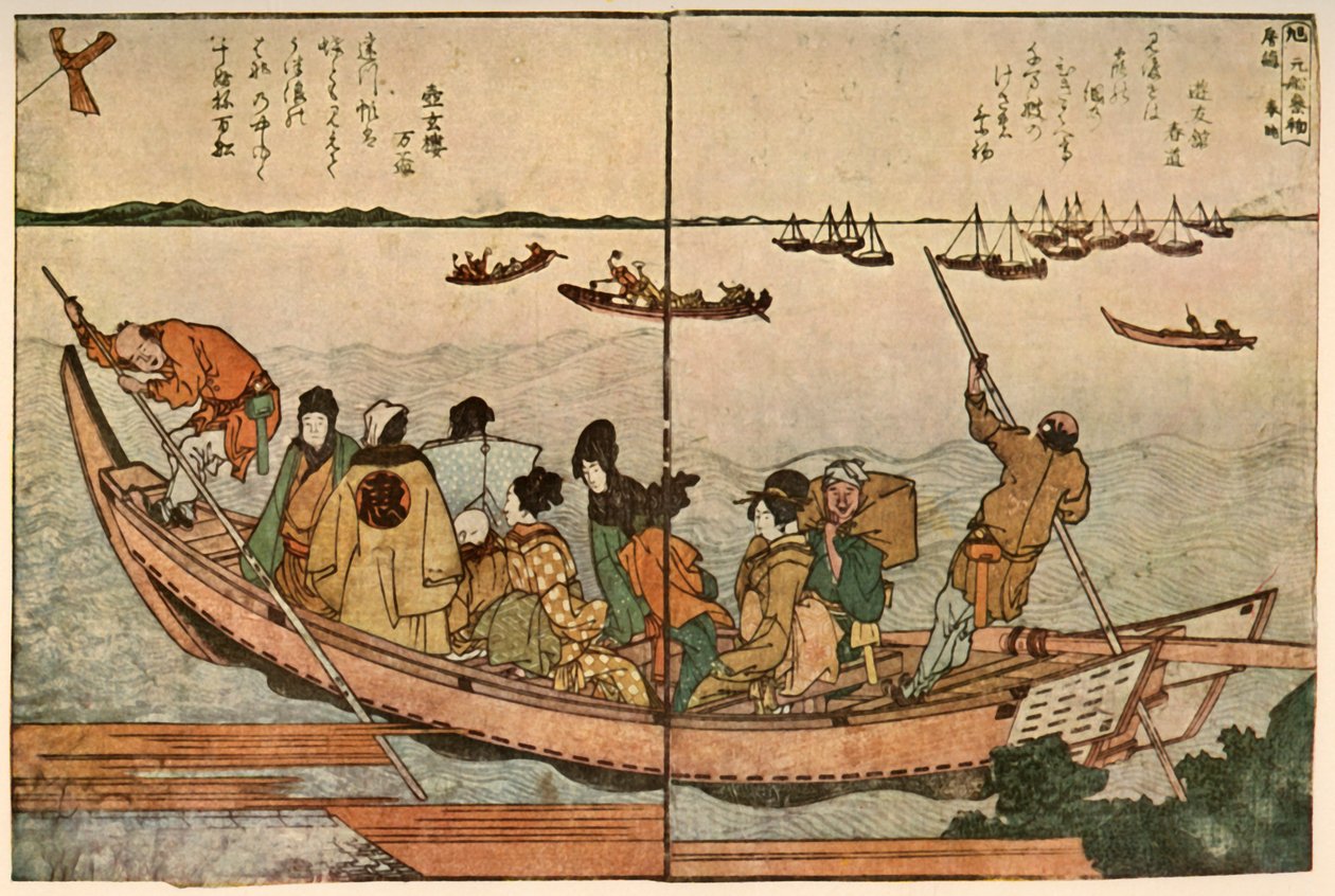 Matkustajat veneessä ylittämässä Sumida-joen Japanissa, c1804, 1924. tekijältä Katsushika Hokusai