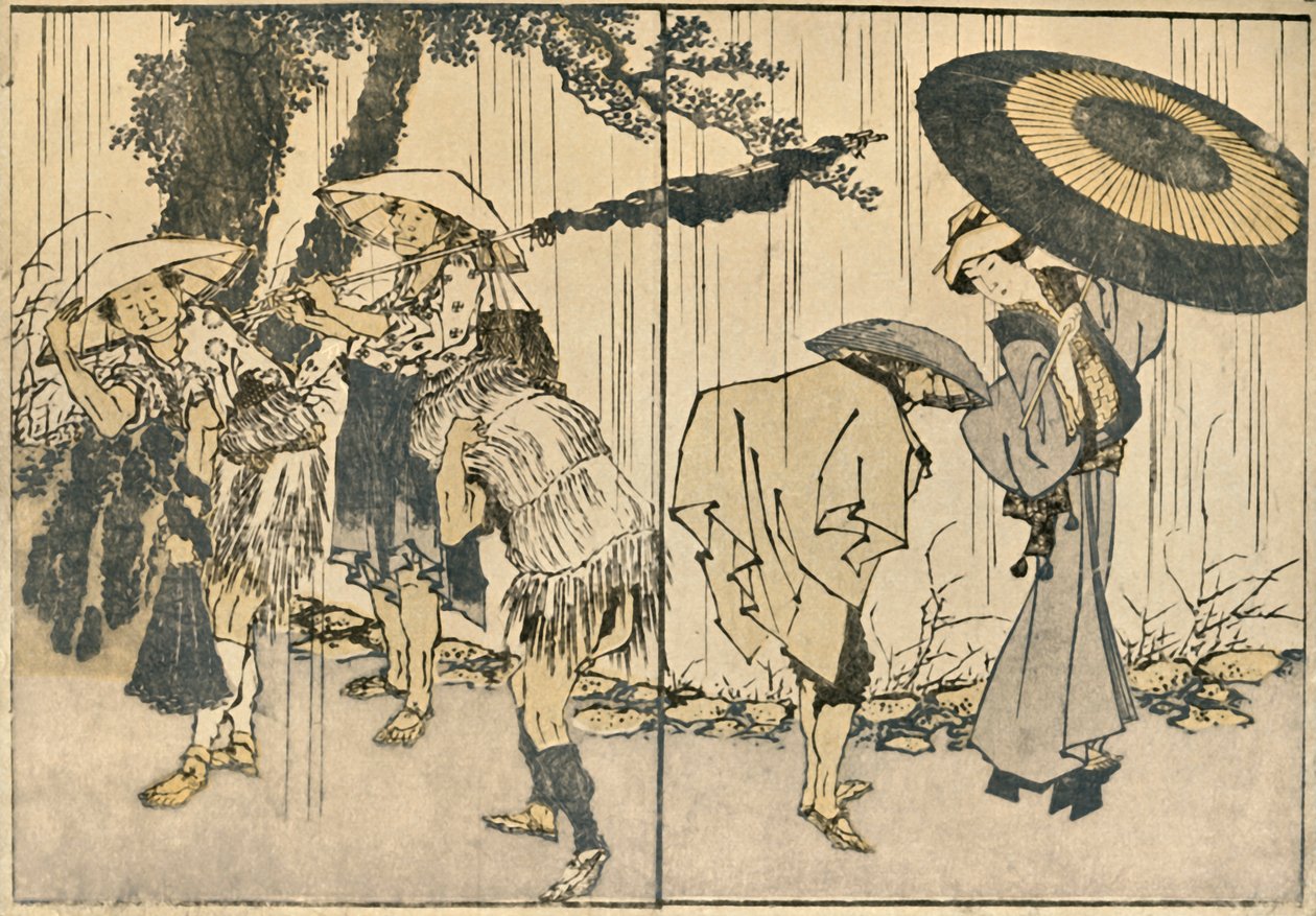 Ihmisiä sateessa, 1819, 1924. tekijältä Katsushika Hokusai