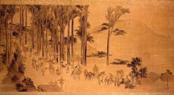 Pyhiinvaeltajat Kasugan pyhäkössä (maalaa silkille) tekijältä Katsushika Hokusai