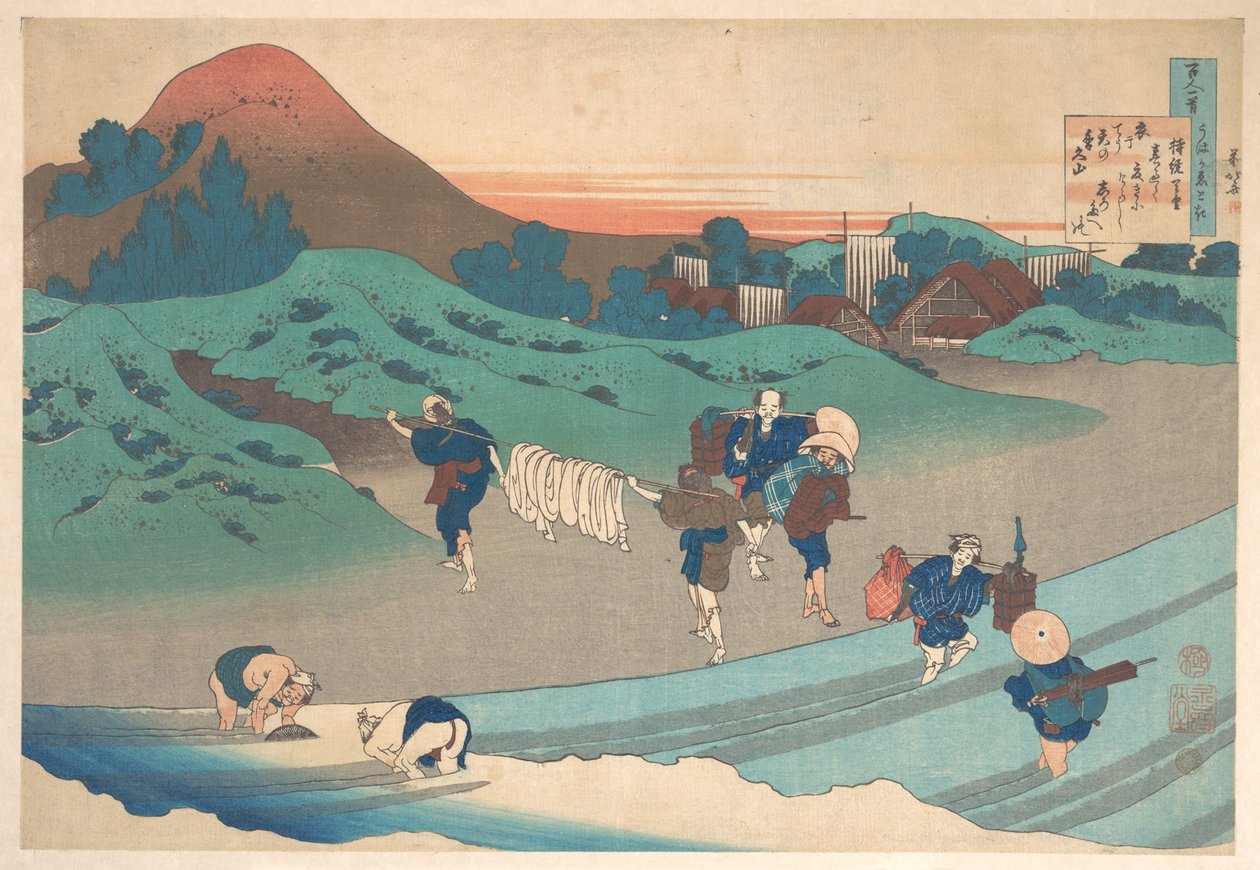 Jitō-keisarinna (Jitō Tenno) kirjoittama runo, teoksesta ”Sata runoa, joita imettäjä selittää” (Hyakunin isshu uba ga etoki) tekijältä Katsushika Hokusai