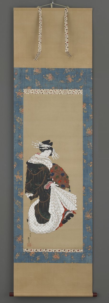 Muotokuva kävelevästä kurtisaanista, noin 1815-19 (tussi, väri ja kulta silkille). tekijältä Katsushika Hokusai