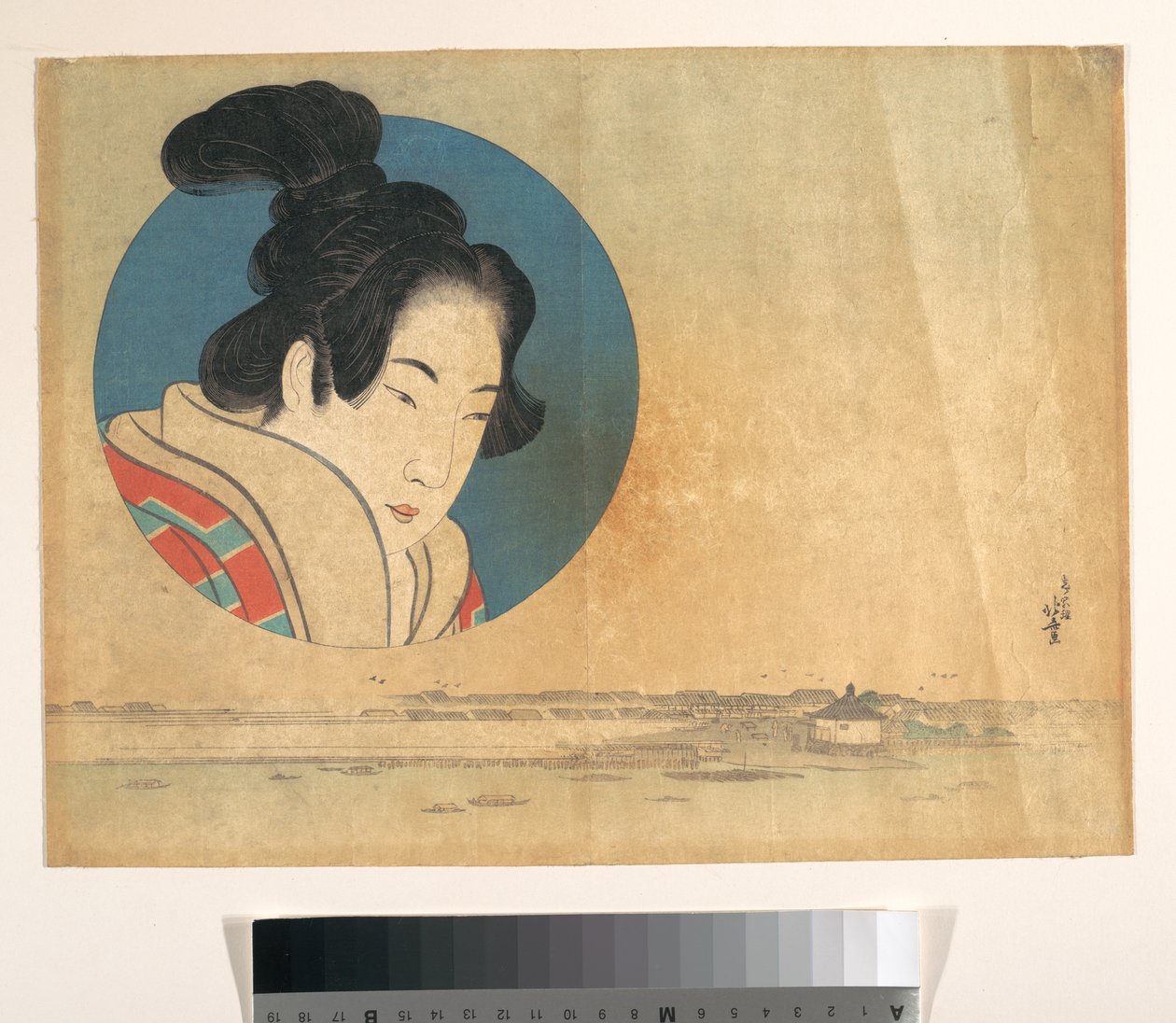 Naisten muotokuva suuressa ympyrässä, jonka alapuolella on maisema tekijältä Katsushika Hokusai
