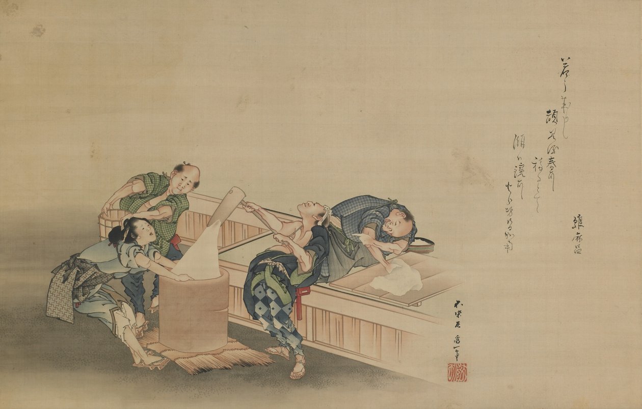 Pounding Rice for Mochi, kaiverrettu Momomoto Hinamaro, Edo-kausi, n. 1822 (muste ja väri silkkiin kiinnitettynä riippuvaksi kääröksi) tekijältä Katsushika Hokusai