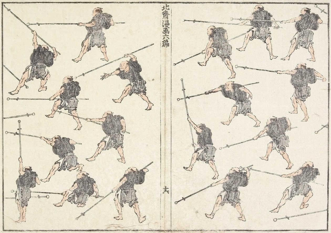 Pitkävartisen miekan harjoittelu, 1817 tekijältä Katsushika Hokusai