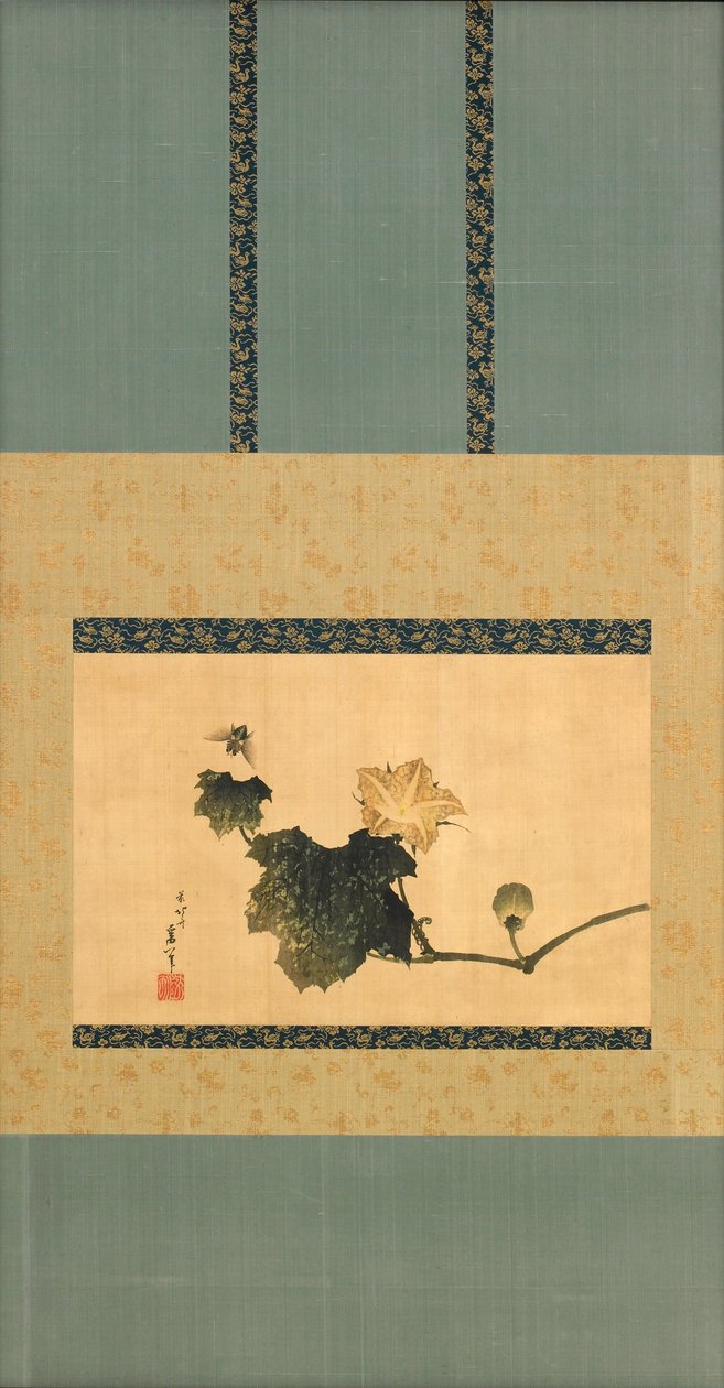 Kurpitsa ja viiniköynnös ja hevoskärpäs, Edo-kausi, n. 1825 (muste ja väri silkillä) tekijältä Katsushika Hokusai