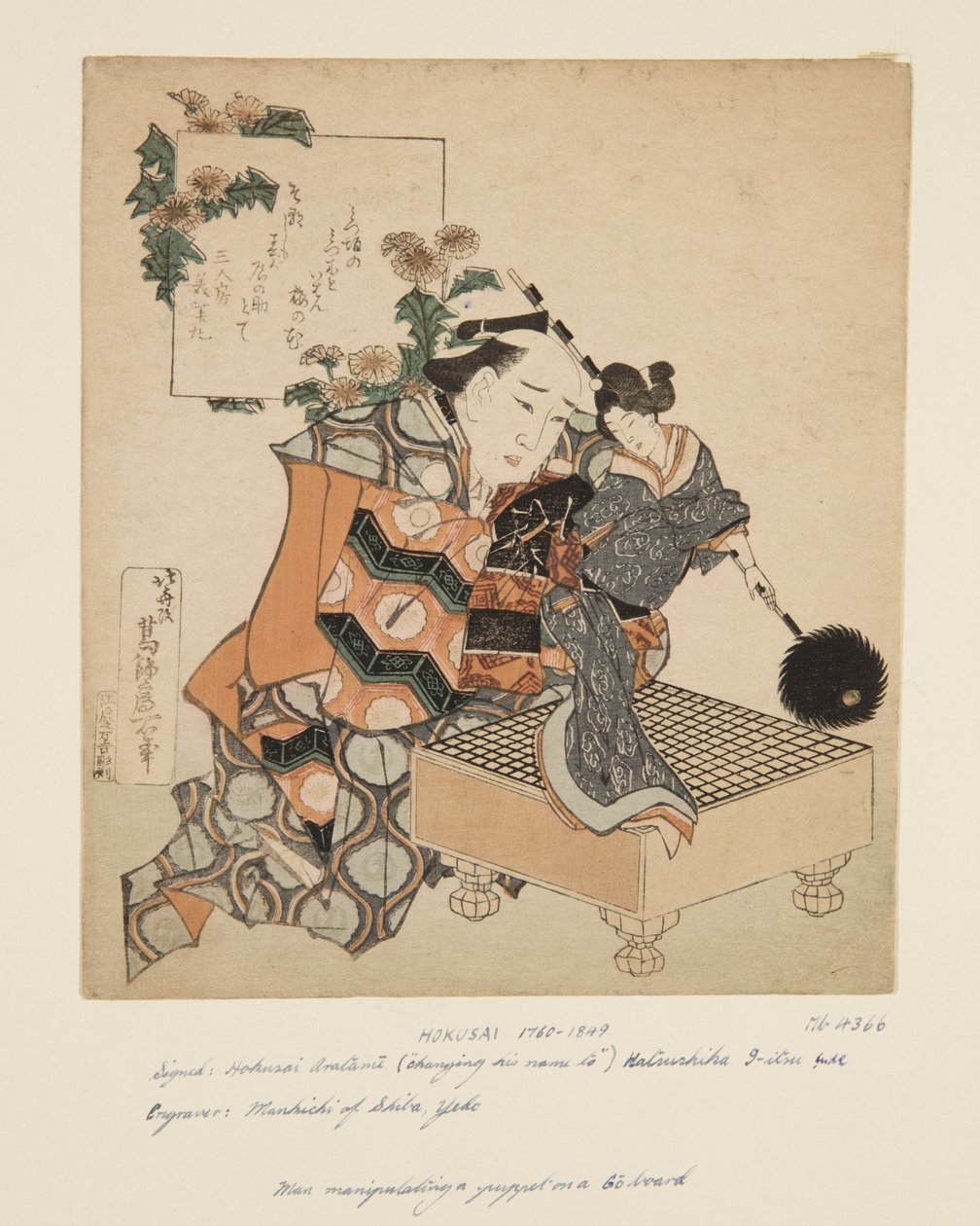 Nukkenäyttelijä pitelee Nukkea Go Boardissa (värillinen puupalikkaprintti) tekijältä Katsushika Hokusai
