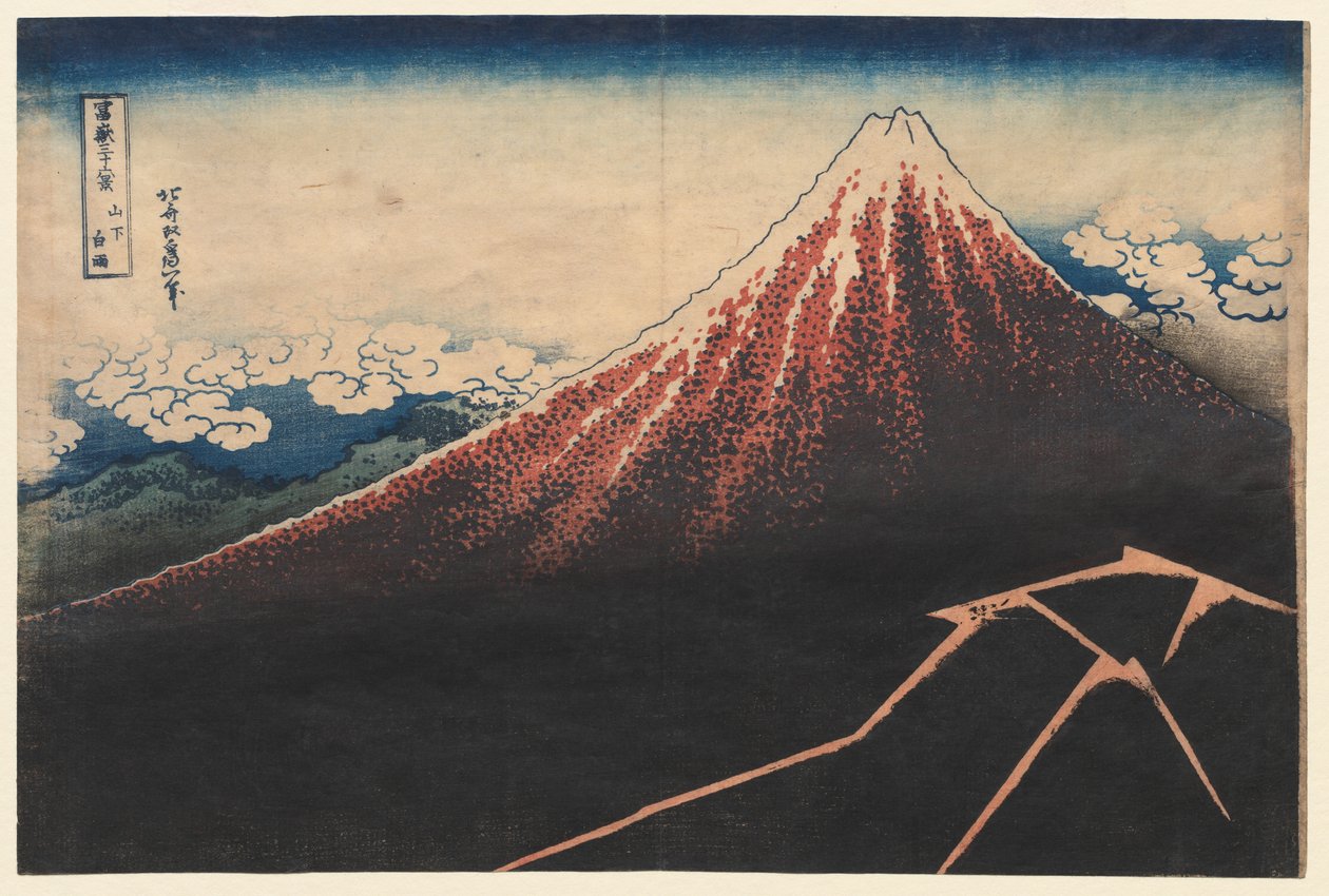 Rain Below the Mountain sarjasta Kolmekymmentäkuusi näkymää Fuji-vuorelle, 1830-luvun alku. tekijältä Katsushika Hokusai