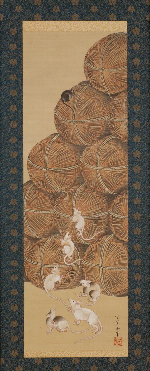 Rotat ja riisipaalit, Edo-kausi, 1843 (muste ja väri silkillä) tekijältä Katsushika Hokusai