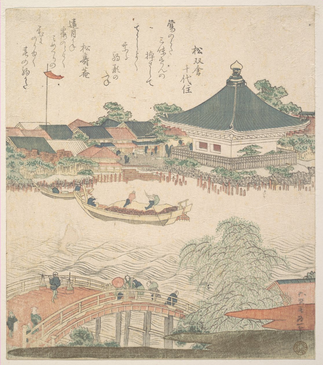 Jokimaisema, jossa etualalla on silta tekijältä Katsushika Hokusai