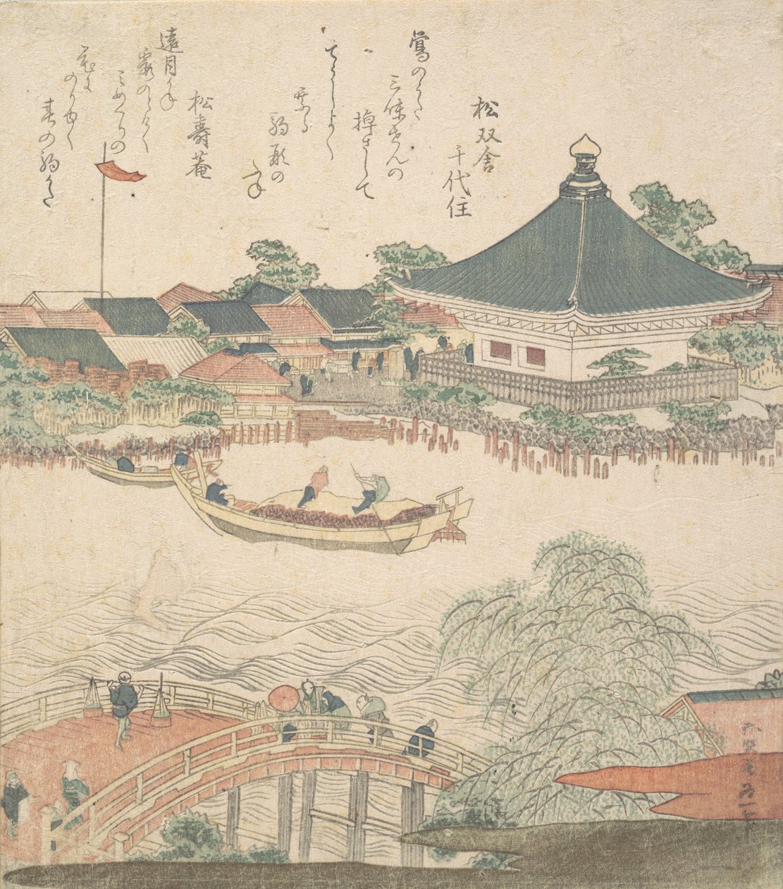 Jokikohtaus sillan kanssa etualalla, n. 1810. tekijältä Katsushika Hokusai