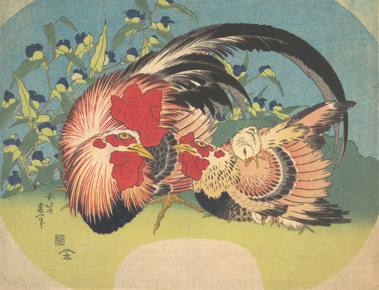 Gall, gallina i pollastre amb aranya, ca. 1830-33. finlandès tekijältä Katsushika Hokusai