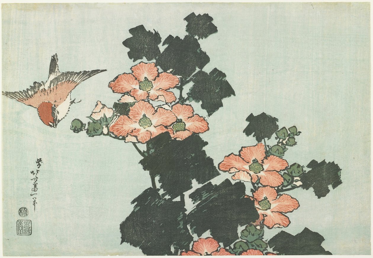 Ruusumallow ja varpunen, c. 1832 tekijältä Katsushika Hokusai