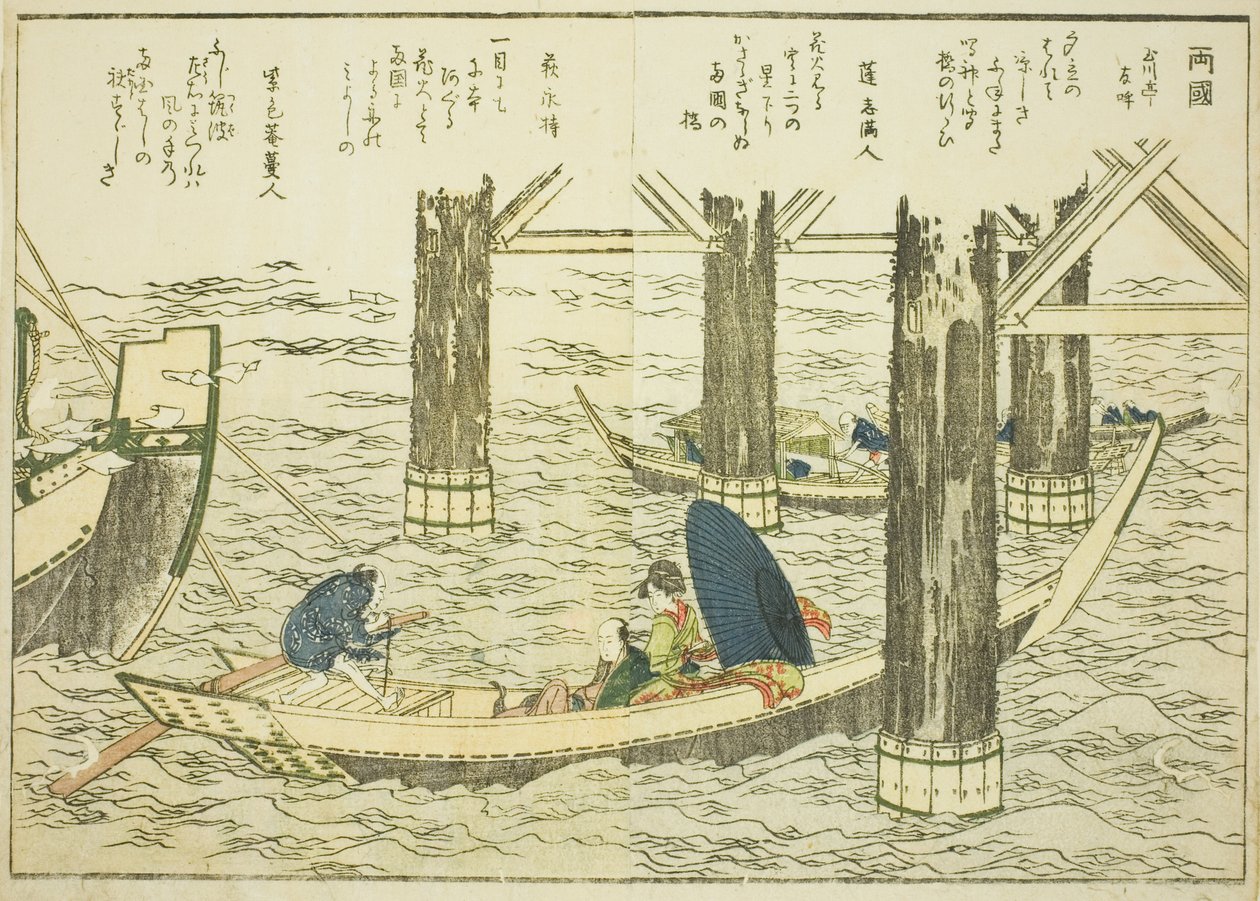 Ryogoku Bridge, vol. 1 kuvitetusta kirjasta "Hienot näkymät itäiseen pääkaupunkiin yhdellä silmäyksellä (Toto shokei ichiran)" tekijältä Katsushika Hokusai