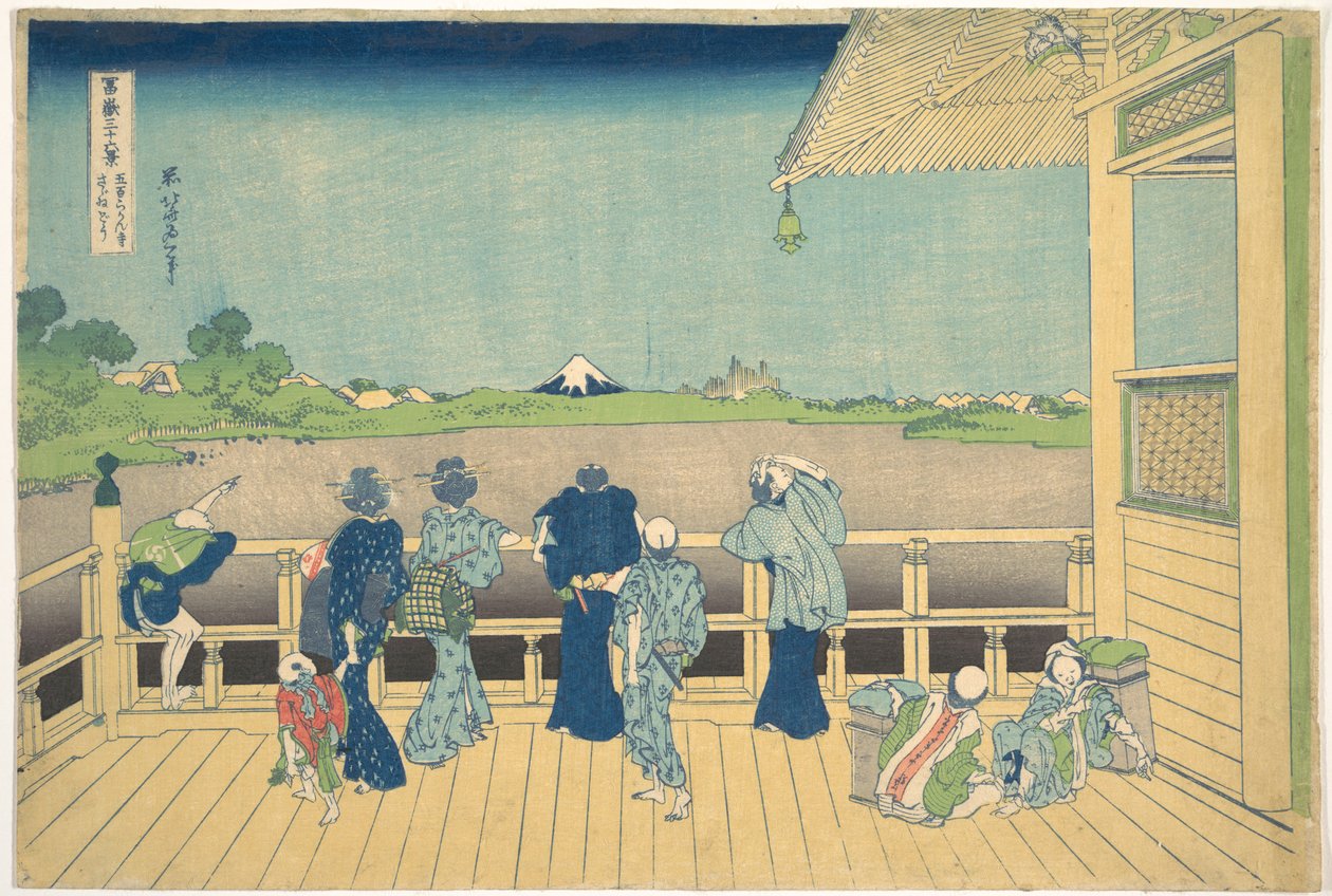 Sazai-sali Viisisadan arhatin temppelissä (Gohyaku Rakanji Sazaidō), sarjasta ”36 näkymää Fuji-vuorelta” (Fugaku sanjūrokkei) tekijältä Katsushika Hokusai