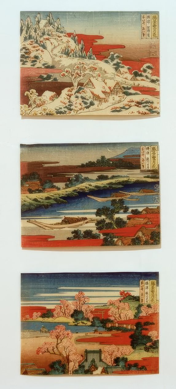 Lunta, kuuta ja kukkia kauniissa maisemissa tekijältä Katsushika Hokusai