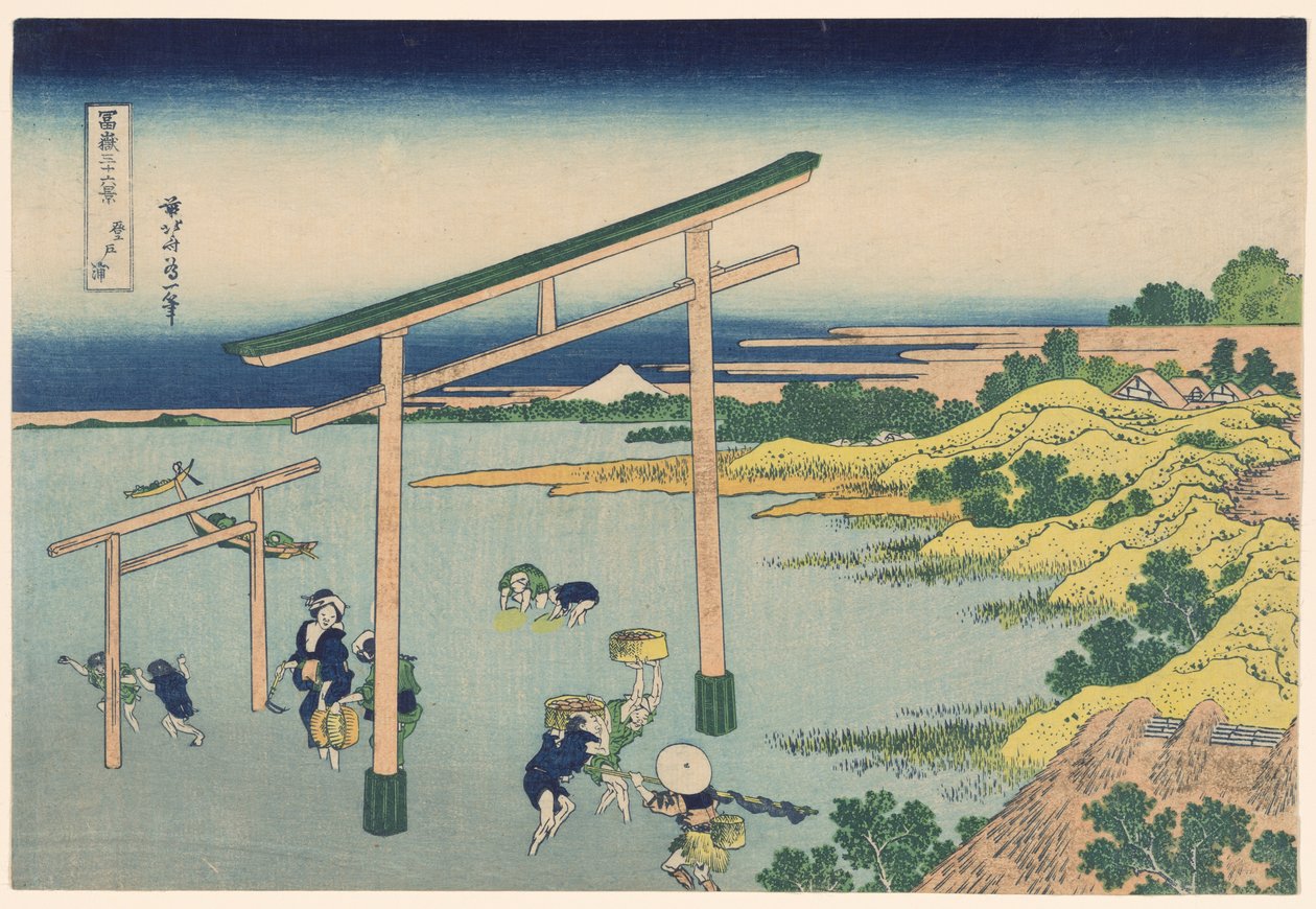 Merenranta Nobutourassa (Nobutoura), sarjasta "Kolmekymmentäkuusi näkymää Fuji-vuorelle (Fugaku sanjurokkei)" tekijältä Katsushika Hokusai