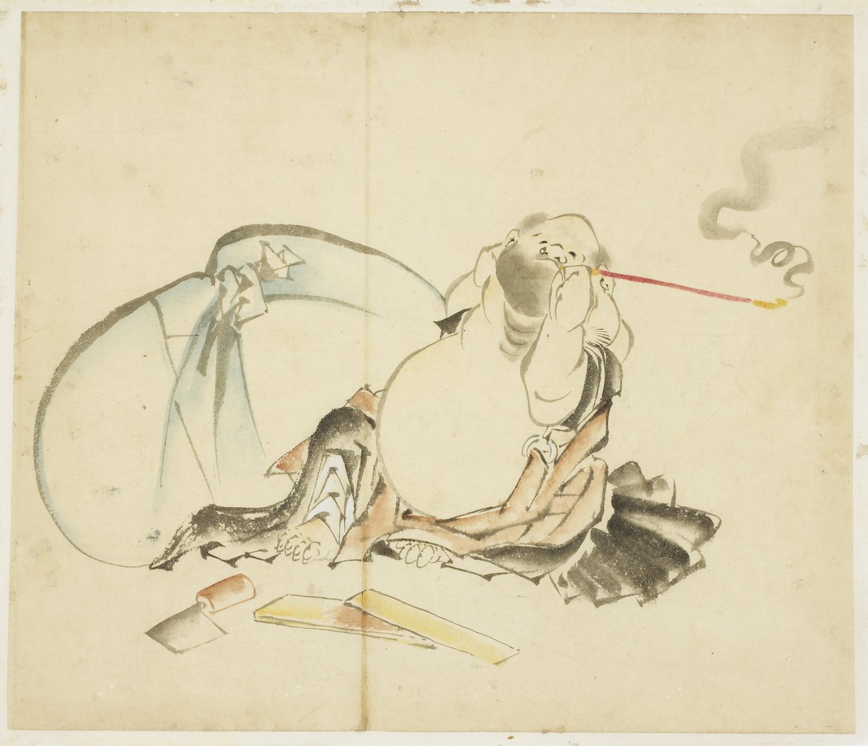 Istuva Hotei Smoking Pipe, n. 1815-1849 (muste ja väri paperille) tekijältä Katsushika Hokusai