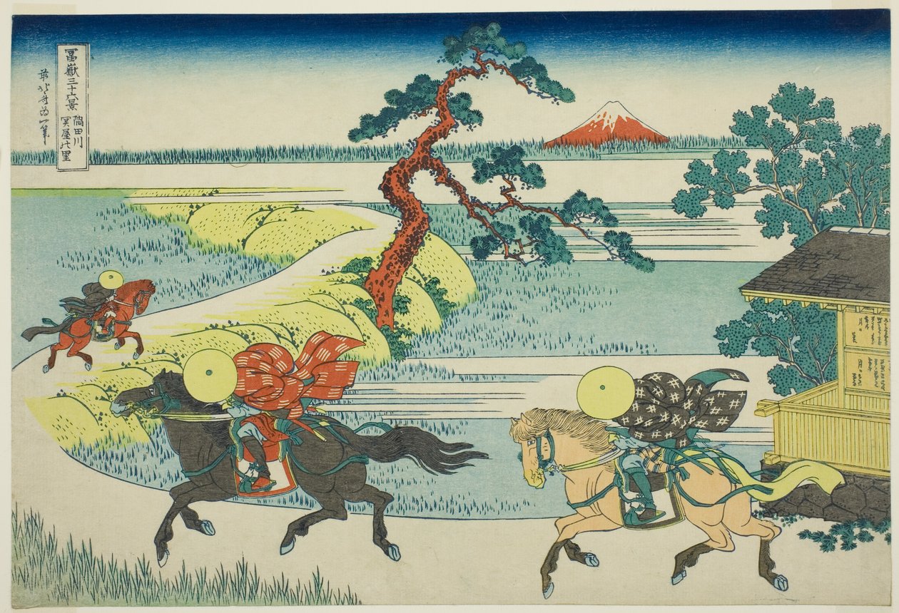 Sekiyan kylä Sumida-joella (Sumidagawa Sekiya no sato), sarjasta Kolmekymmentäkuusi näkymää Fuji-vuorelle (Fugaku sanjūrokkei) tekijältä Katsushika Hokusai