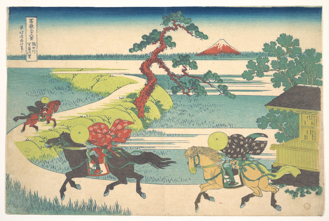 Sekiyan kylä Sumida-joen varrella (Sumidagawa Sekiya no sato), teoksesta ”Fuji-vuoren 36 näkymää” (Fugaku sanjūrokkei) tekijältä Katsushika Hokusai