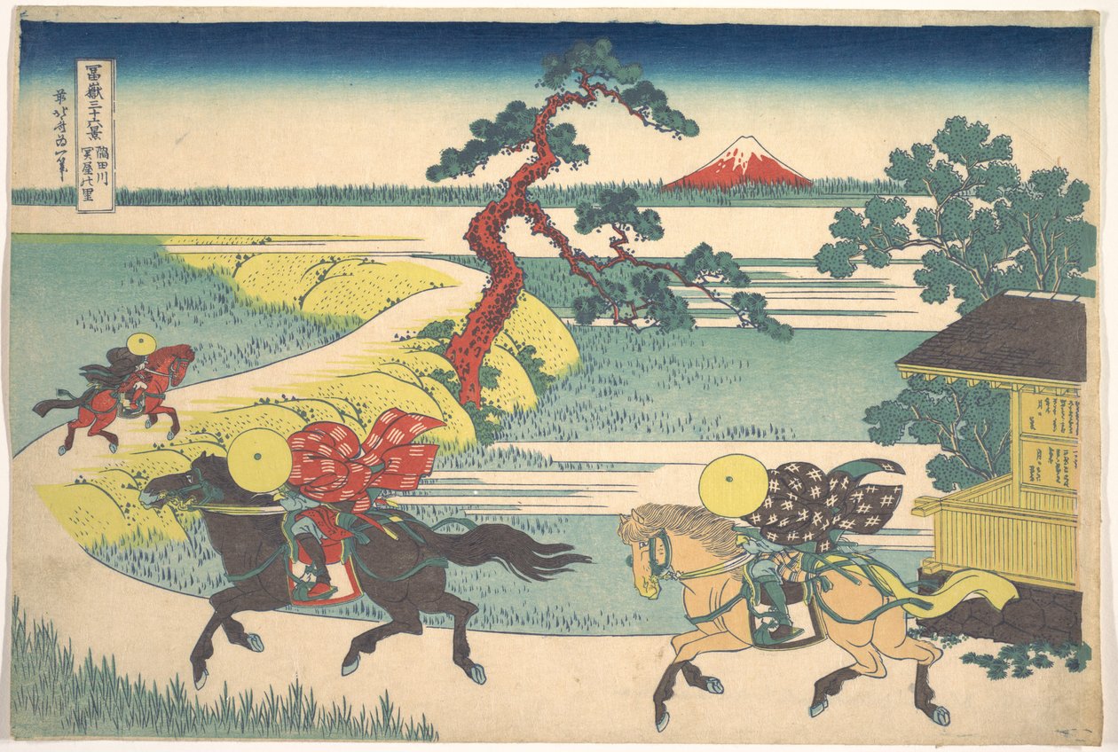 Sekiyan kylä Sumida-joen varrella (Sumidagawa Sekiya no sato), teoksesta ”Fuji-vuoren 36 näkymää” (Fugaku sanjūrokkei) tekijältä Katsushika Hokusai