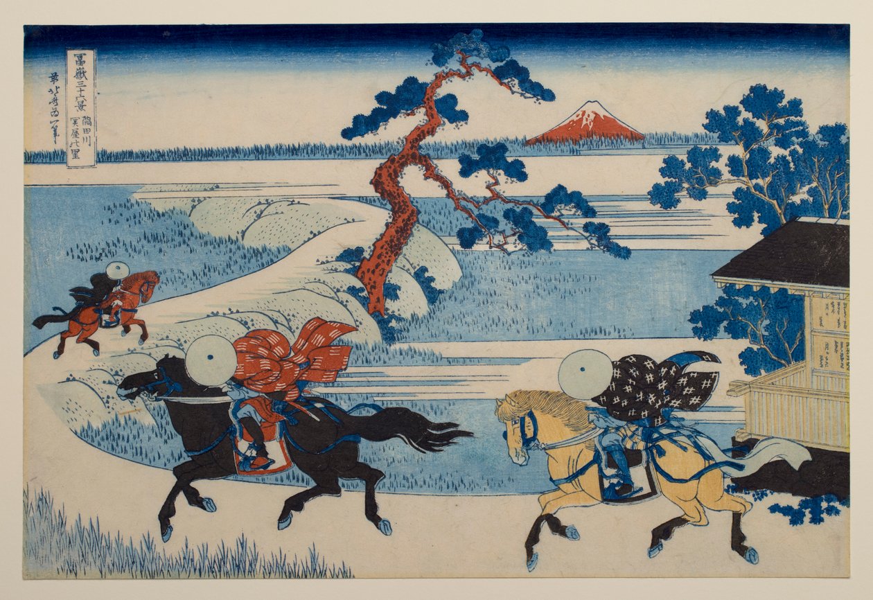 Sekiyan kylä Sumida-joen varrella, sarjasta ”36 näkymää Fuji-vuorelta” tekijältä Katsushika Hokusai