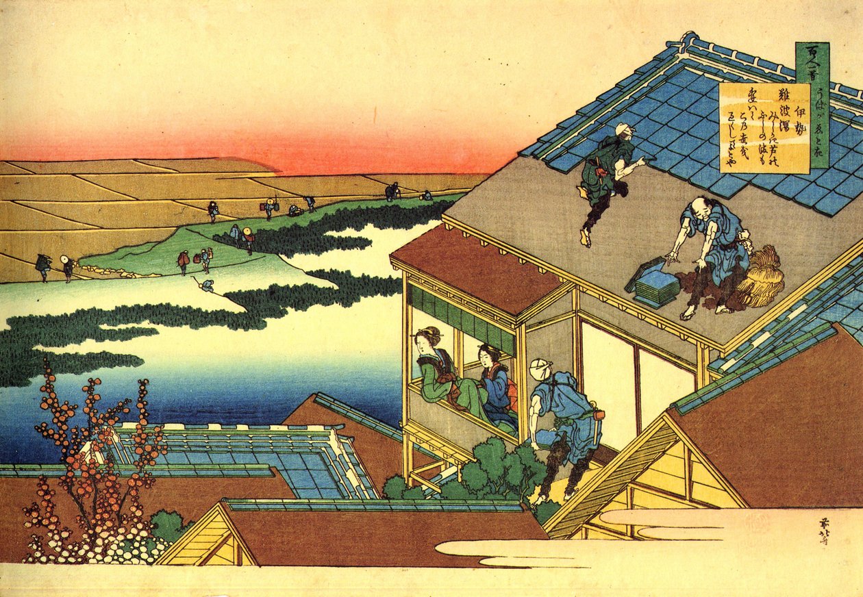 Sadan runon sarja sadalta runoilijalta: "Lady Ise" -maisema, Japani - Katsushika Hokusain (1760-1849) vedos (ukiyo-e school) noin 1830 Pietarin valtion Eremitaaši tekijältä Katsushika Hokusai