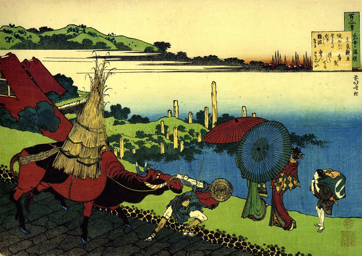 Sadan runon sarja sadalta runoilijalta: ""Motoyoshi Shinno"" -maisema talonpoika ja härkä, kävelijät, Japani - Katsushika Hokusain (1760-1849) vedos (ukiyo-e school) noin 1830 Pietarin valtion Eremitaaši tekijältä Katsushika Hokusai