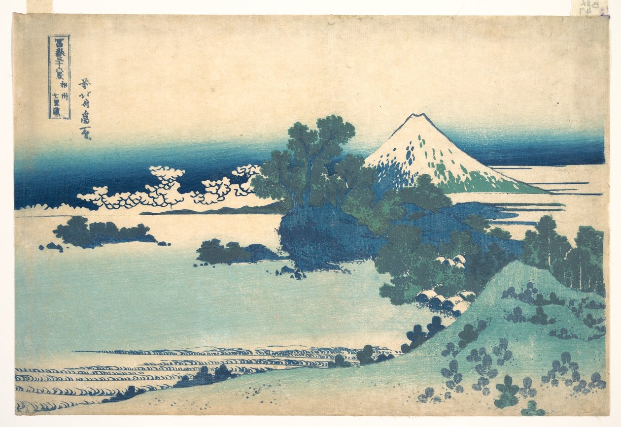 Shichirigahama Sagamin maakunnassa (Sōshū Shichirigahama), sarjasta ”Fuji-vuoren 36 näkymää” (Fugaku sanjūrokkei) tekijältä Katsushika Hokusai