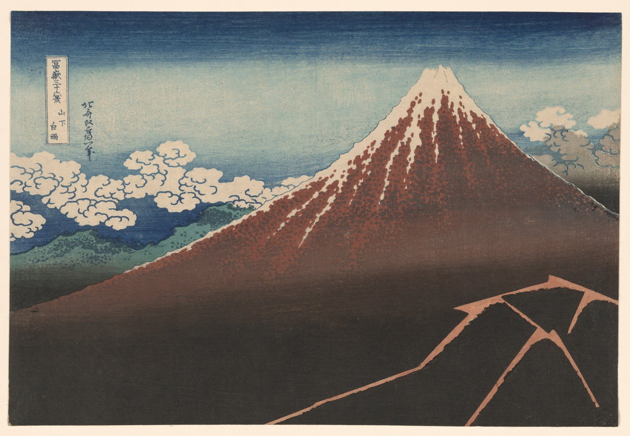 Shower Below the Summit (Sanka hakuu), sarjasta "Kolmekymmentäkuusi näkymää Fuji-vuorelle (Fugaku sanjurokkei)" tekijältä Katsushika Hokusai