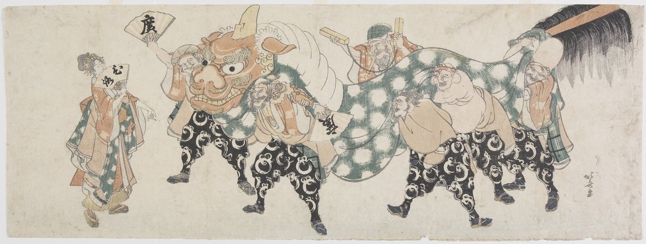 Kuusi miesjumalaa esittämässä leijonatanssia, 1797-1819 (värillinen puupalikkaprintti) tekijältä Katsushika Hokusai