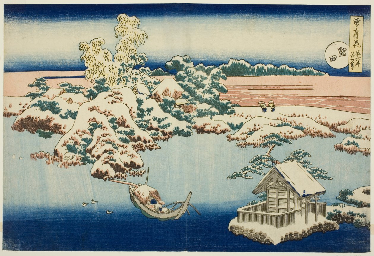 Lunta Sumida-joella, sarjasta ”Lumi, kuu ja kukat” tekijältä Katsushika Hokusai