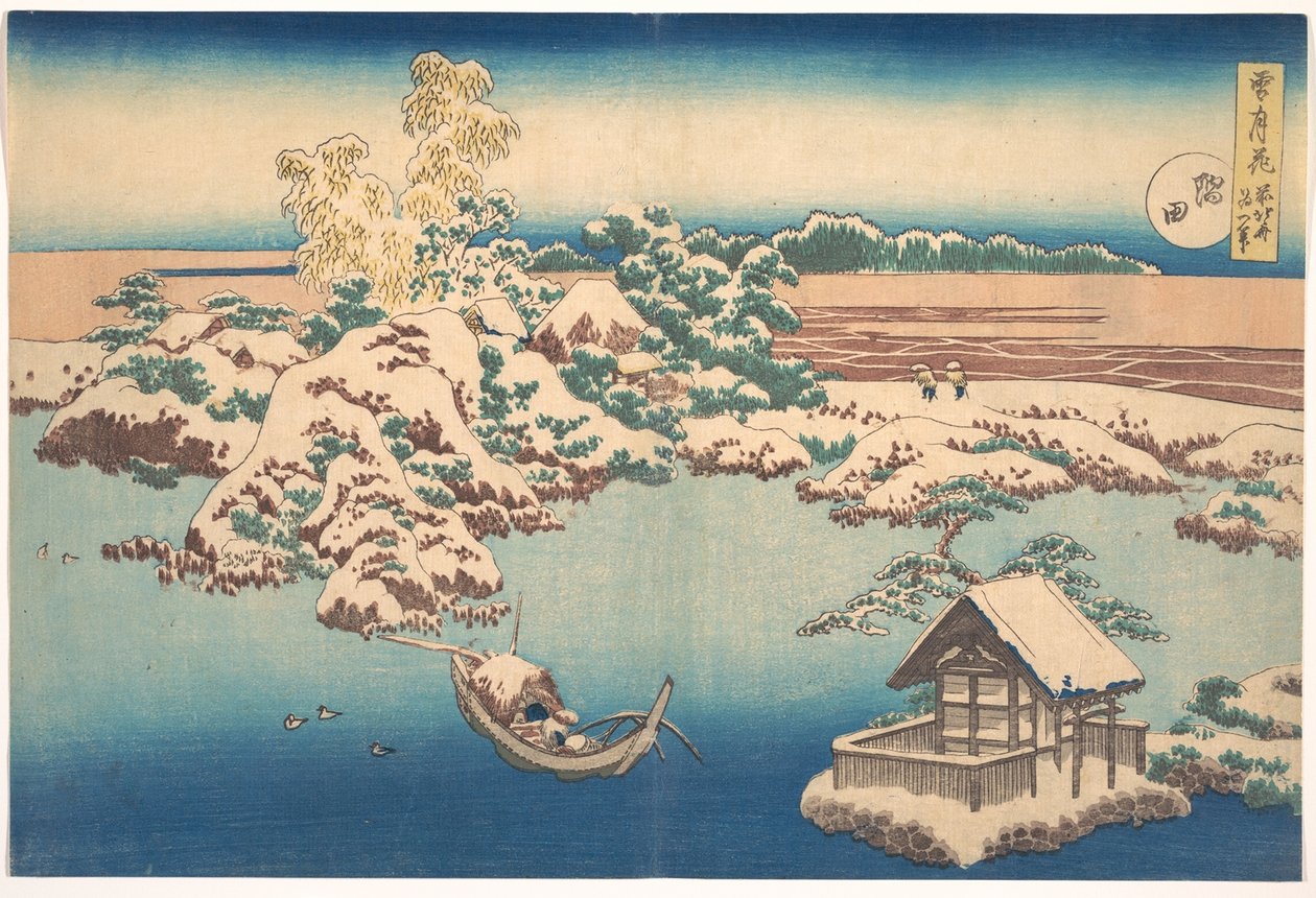 Lunta Sumida-joella sarjasta Lumi, kuu ja kukat, pub.1833 tekijältä Katsushika Hokusai
