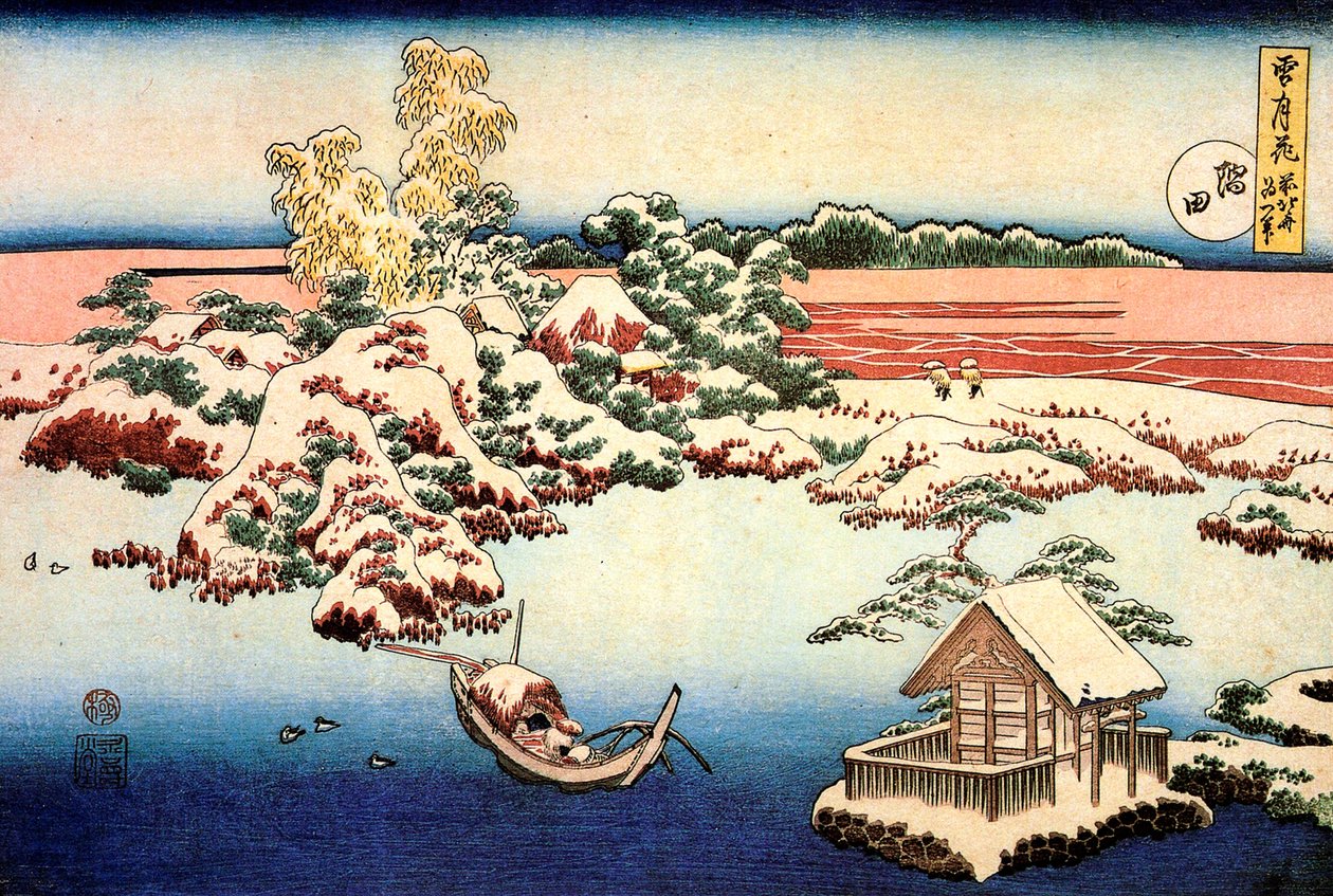 Lumimaisema Sumida-joen rannalla, v1832. tekijältä Katsushika Hokusai