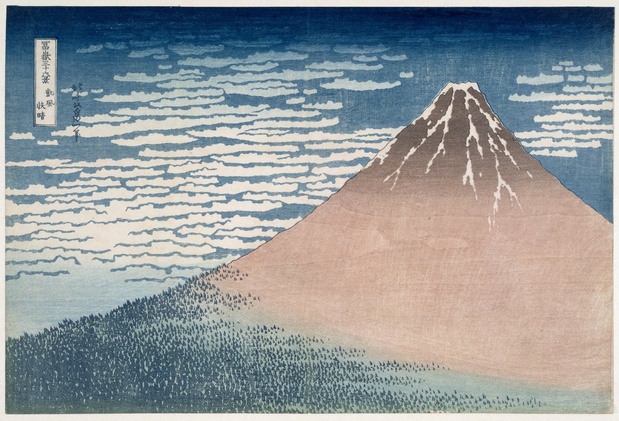 Etelätuuli, Clear Dawn, sarjasta "36 näkymät Fuji-vuorelle", n. 1830-1831 (puupainatus) tekijältä Katsushika Hokusai