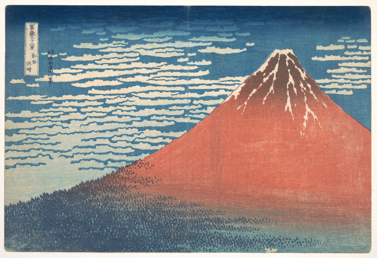 ”Etelätuuli, kirkas taivas” (Gaifū kaisei), tunnetaan myös nimellä ”Punainen Fuji”, sarjasta ”36 näkymää Fuji-vuoresta” (Fugaku sanjūrokkei) tekijältä Katsushika Hokusai