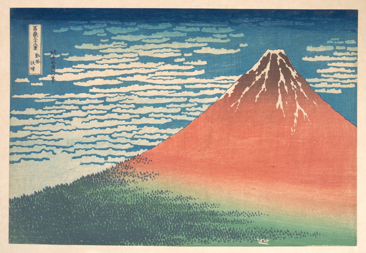 ”Etelätuuli, kirkas taivas” (Gaifū kaisei), tunnetaan myös nimellä ”Punainen Fuji”, sarjasta ”36 näkymää Fuji-vuorelta” (Fugaku sanjūrokkei) tekijältä Katsushika Hokusai