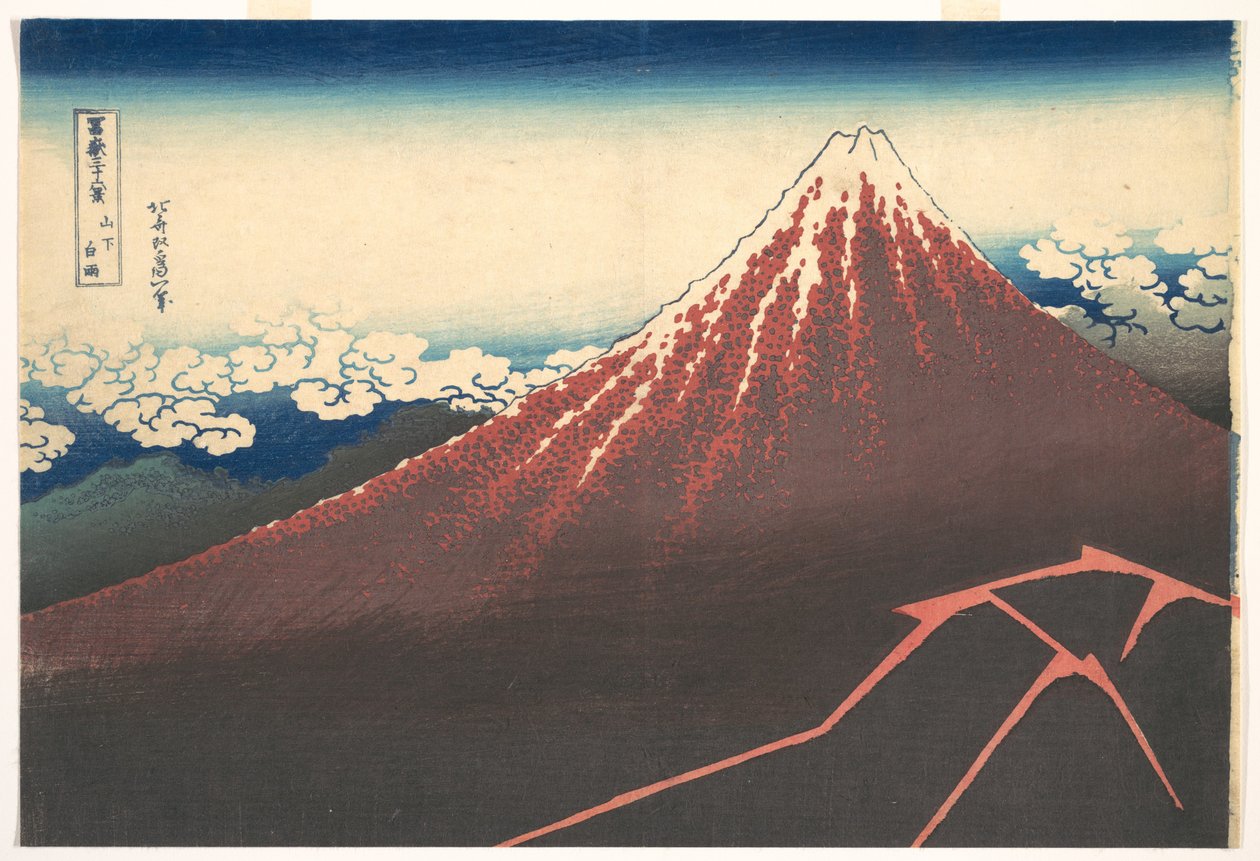 Myrsky Fuji-vuoren juurella (Sanka no haku u), sarjasta ”Fuji-vuoren 36 näkymää” (Fugaku sanjūrokkei) tekijältä Katsushika Hokusai