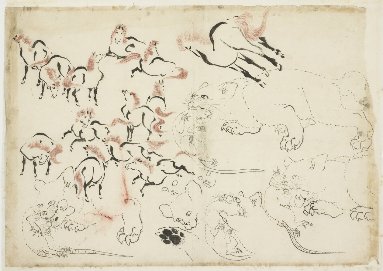 Hevosten, kissojen ja rottien tutkimukset (alkaen "Hokusai Manga"), n. 1815-1849 (muste ja väri paperille) tekijältä Katsushika Hokusai