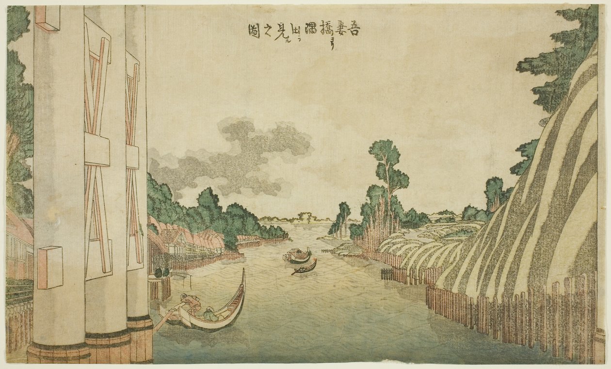 Sumida-joki Azuma-sillalta nähtynä (Azumabashi yori Sumida wo miru no zu), länsimaalaistyylisten maisemien ryhmästä. tekijältä Katsushika Hokusai