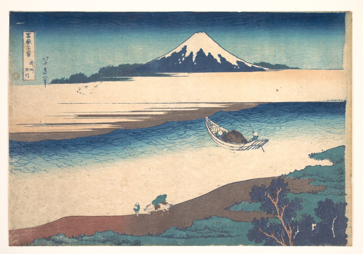 Tama-joki Musashin maakunnassa (Bushū Tamagawa), teoksesta ”36 näkymää Fuji-vuorelta” (Fugaku sanjūrokkei) tekijältä Katsushika Hokusai