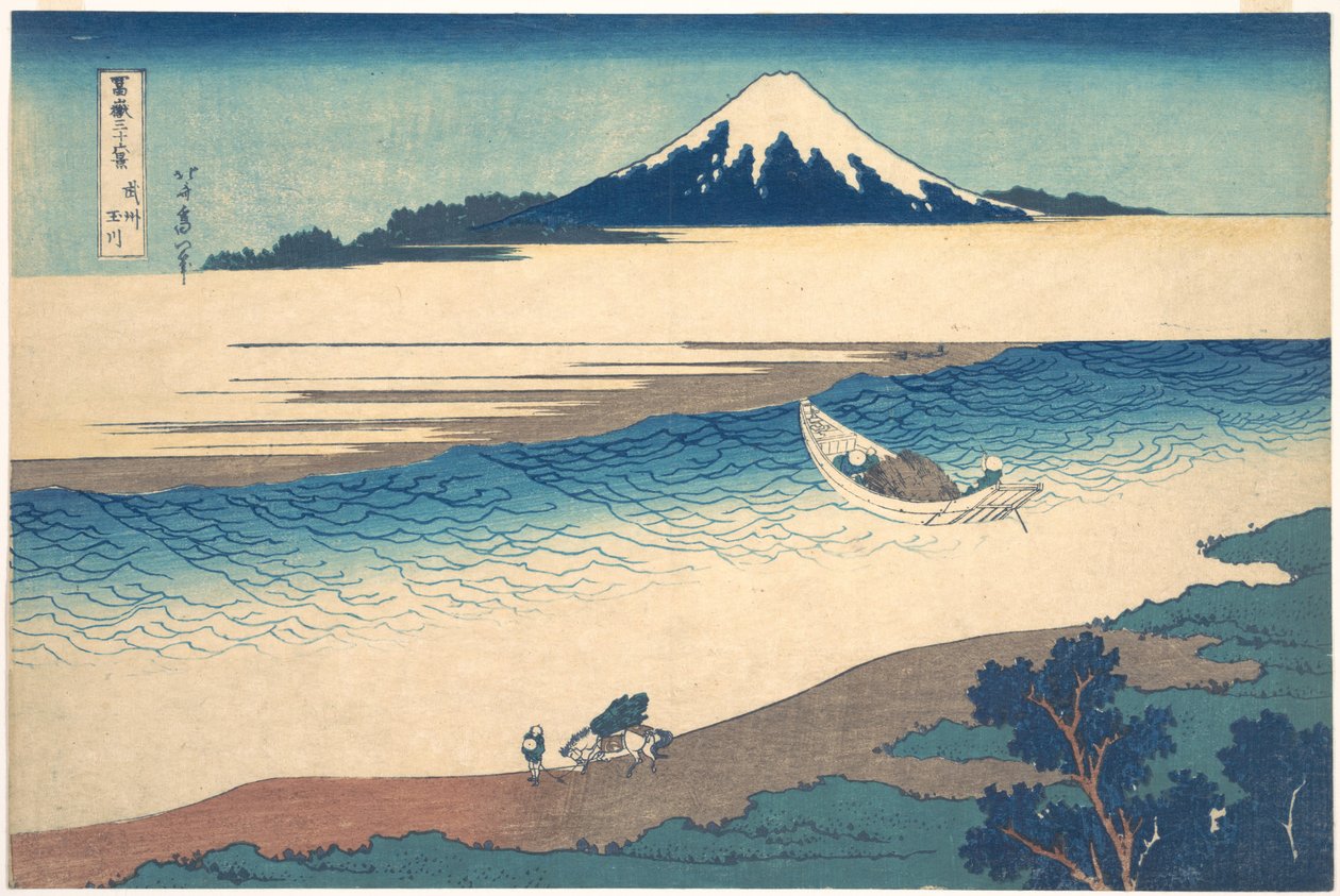 Tama-joki Musashin maakunnassa (Bushū Tamagawa), teoksesta ”36 näkymää Fuji-vuorelta” (Fugaku sanjūrokkei) tekijältä Katsushika Hokusai