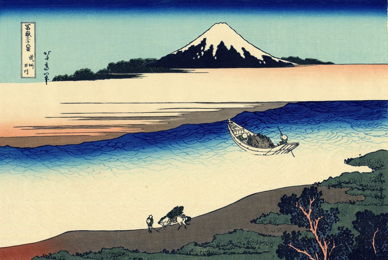 Tama-joki Musashin maakunnassa, n. 1830 (puupainatus) tekijältä Katsushika Hokusai