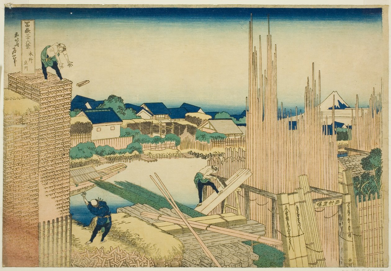 Tachikawa at Honjo (Honjo Tachikawa), sarjasta "Tierty Mr. x Views Of Mount Fuji (Fugaku Usajurokukei)" tekijältä Katsushika Hokusai